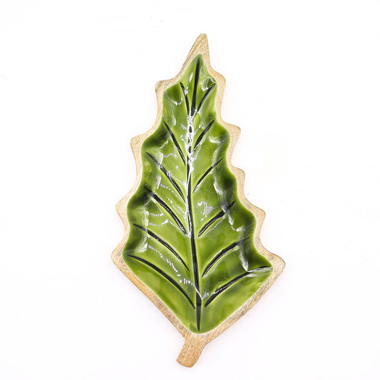 Mango Houten Bladschaal met Groen Emaille – 33 cm
