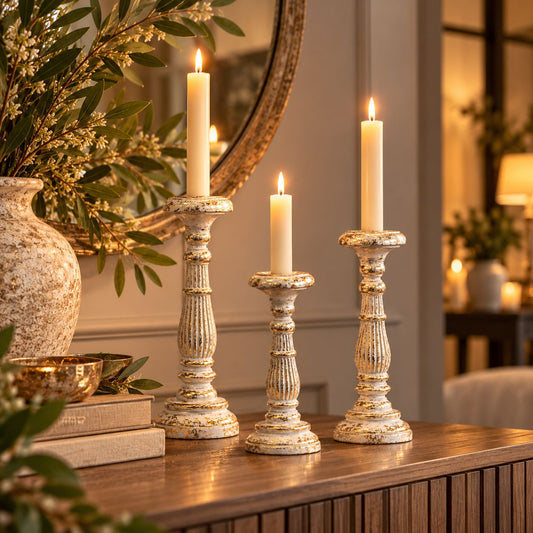 Vintage White Gold Kandelaarset – 3 Kandelaars in Verschillende Hoogtes