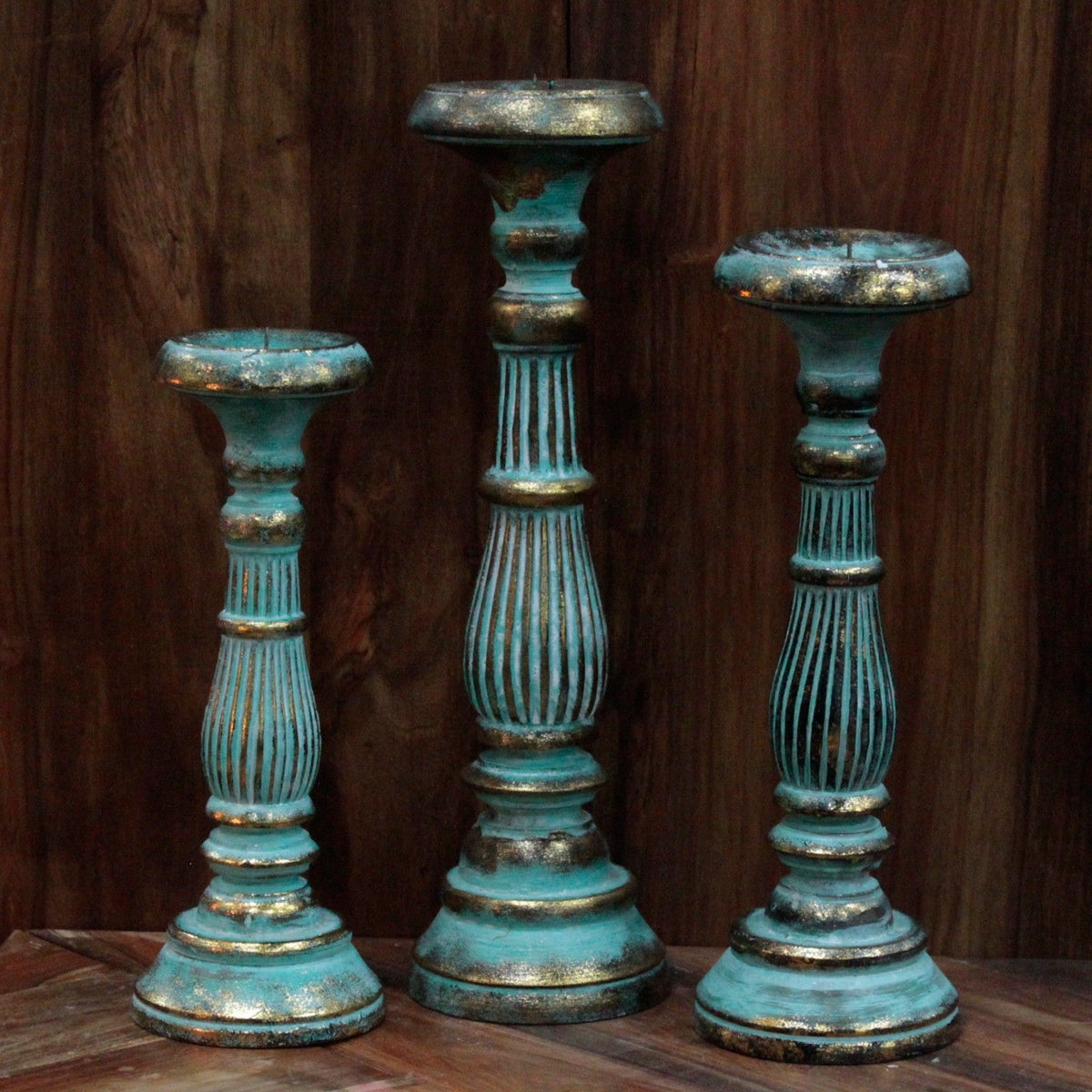 Houten Kandelaar Turquoise Gold – 30 cm