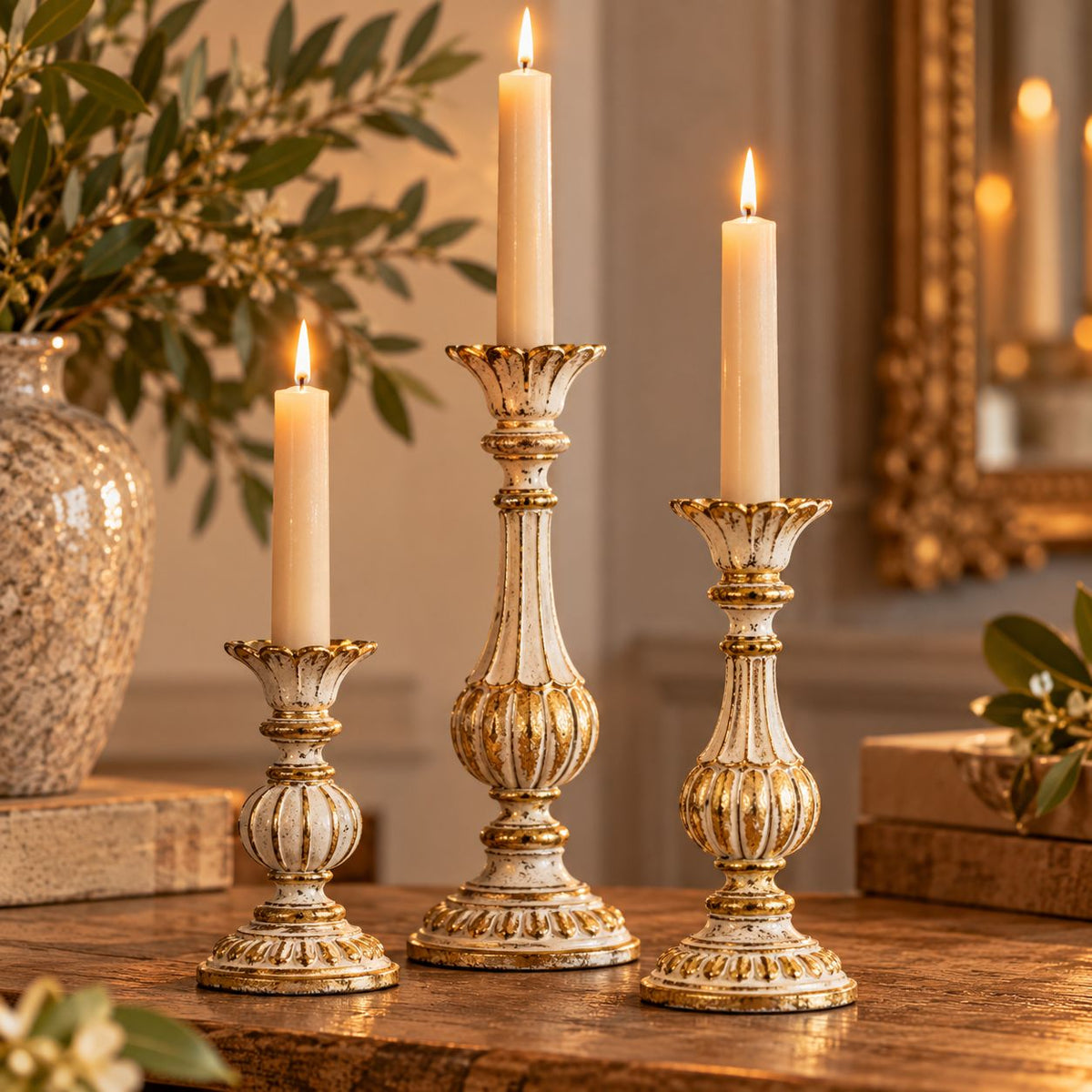 Vintage White Gold Kandelaarset – 3 Kandelaars in Verschillende Hoogtes