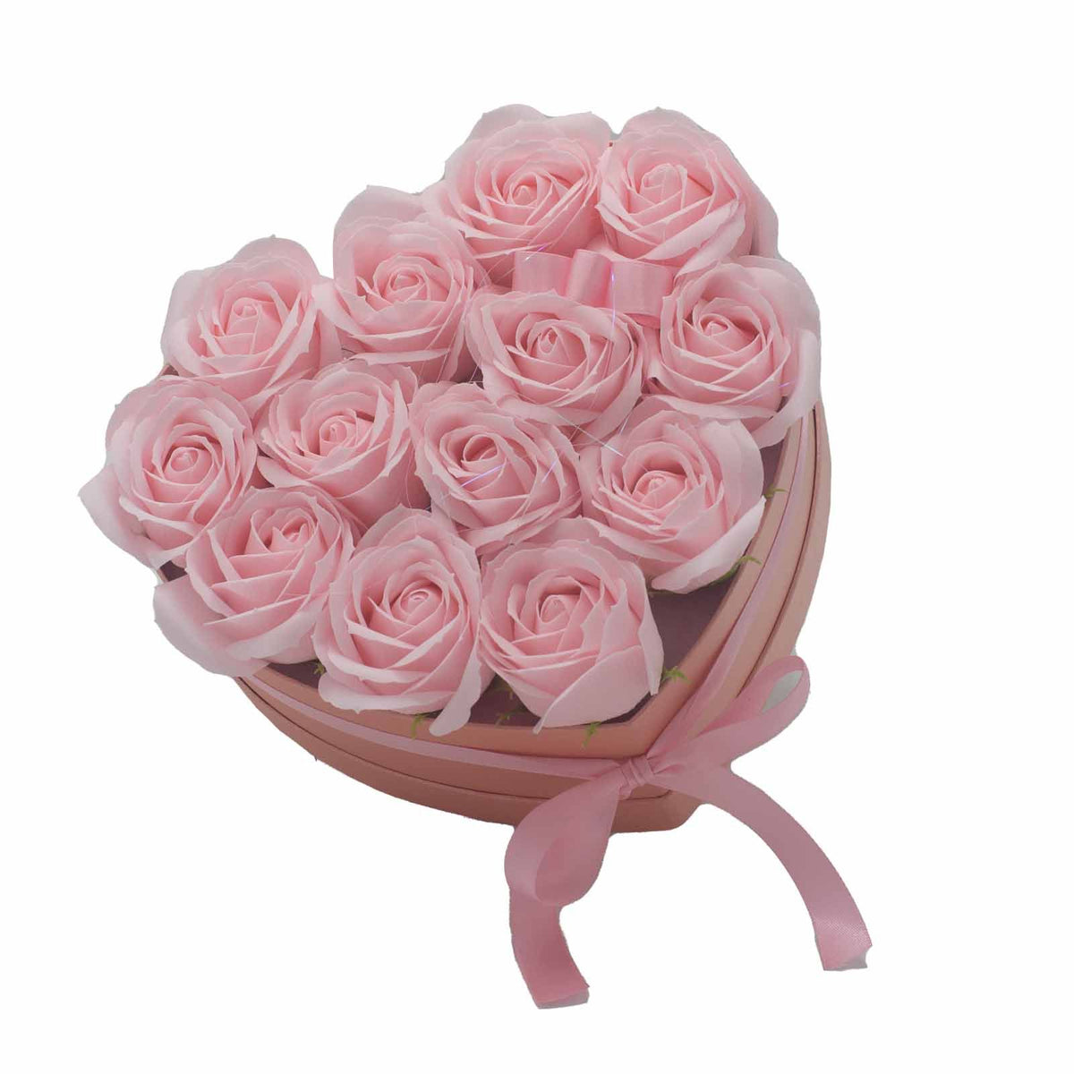 Zeepbloemen Geschenkboeket – 13 Roze Rozen in Hartvorm