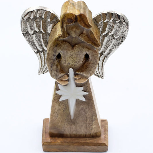 Grote Mango Houten Engel met Ster – 30 cm