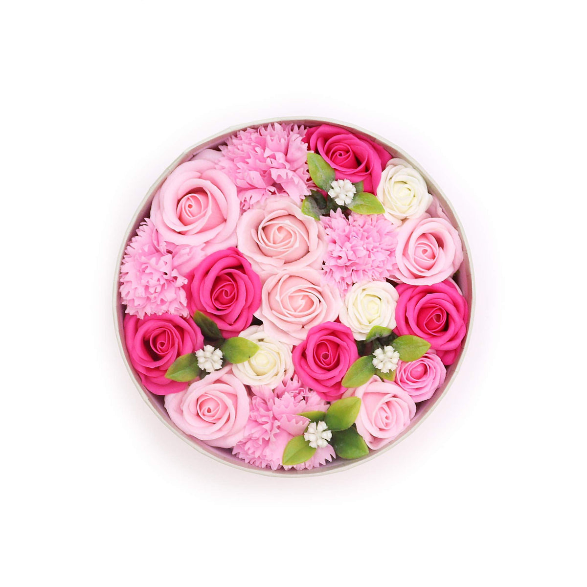 Baby Blessings – Roze Zeepbloemen in Ronde Geschenkdoos