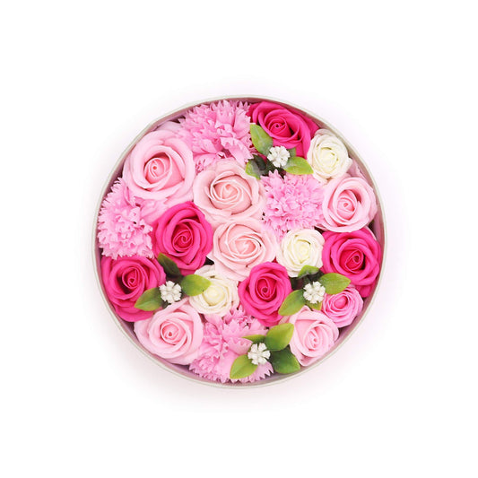 Baby Blessings – Roze Zeepbloemen in Ronde Geschenkdoos