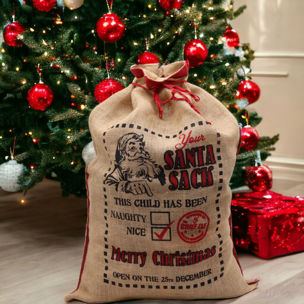 Grote Jute Kerstzak This Child Has Been Nice – 76 × 55 cm