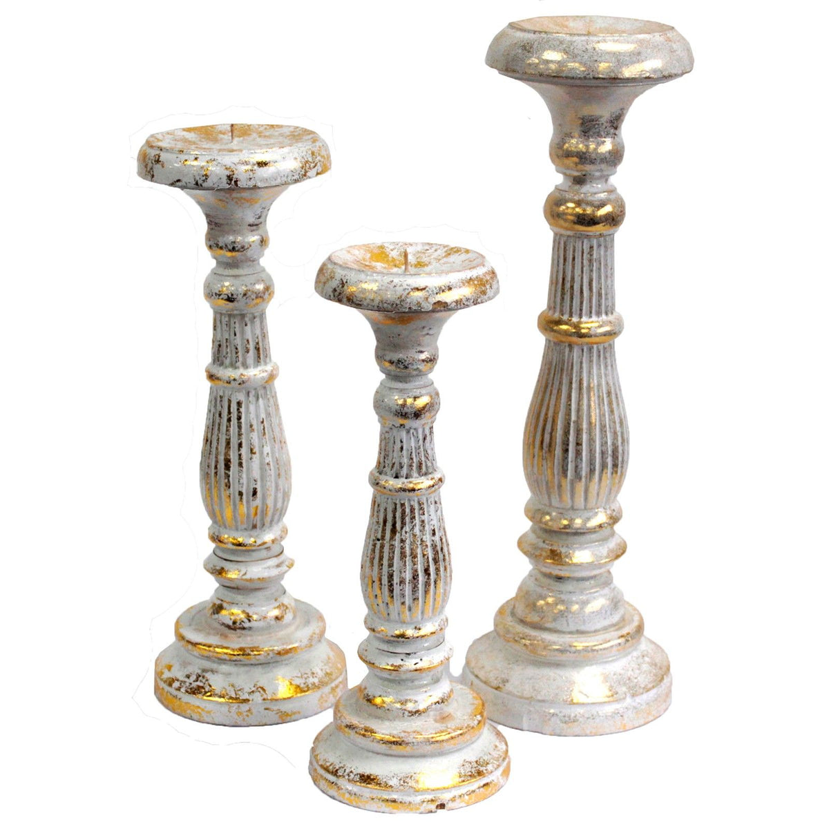 Vintage White Gold Kandelaarset – 3 Kandelaars in Verschillende Hoogtes
